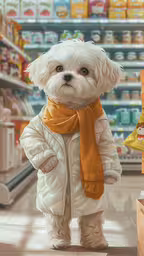 dog in white coat and scarf standing on the floor next to shelves with canned goods in store,a dog that is wearing a coat and scarf