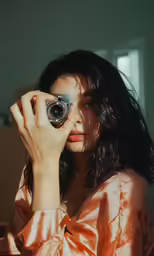 the woman holds a camera up to take a picture