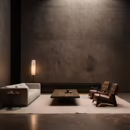 there is a modern looking living room with brown furniture