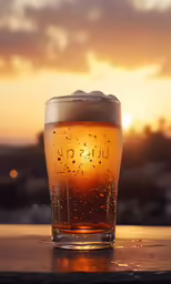 a glass of beer with the sun shining in the distance
