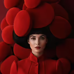 woman in red, surrounded by large red, abstract shapes