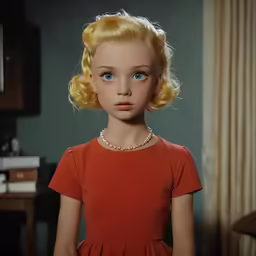 this is a young girl in red dress with a gold necklace