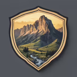 a painted image of a mountain with trees