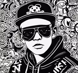 a man in a hat and sunglasses with an intricate pattern on the background,an image of a man in sunglasses and hat
