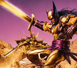the character samurai has a sword and headgear,a computer generated image of the ninja of gold armor holding two swords in one hand
