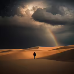 a man is standing in the desert under the rain
