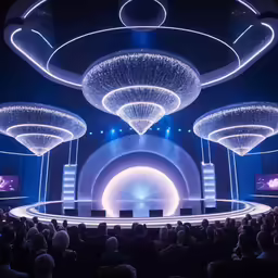 there are many lights in the room that appear to be decorated for an audience