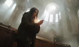 woman texting while standing in an old hall