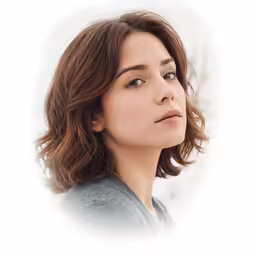 a woman looks off to her left with brown hair