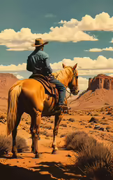 a cowboy riding his horse in the desert