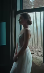a woman stands in front of an open window, wearing a long dress