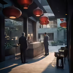 two men in suits standing next to a counter