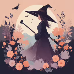 a person with a hat on walking in flowers,a lady in a wizard hat with a broom walking through flowers