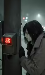 the woman is touching the sign with her hand