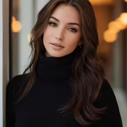 a beautiful woman with long hair is standing by a wall