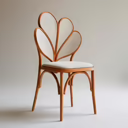 a modern chair made out of bamboo and white fabric