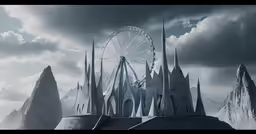 a futuristic city with a giant ferris wheel is shown