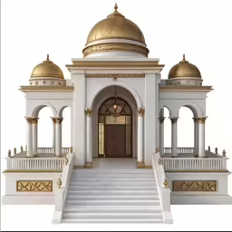 the entrance to a lavish home with gold dome