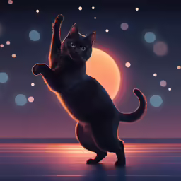 a cat doing tricks in front of a full moon