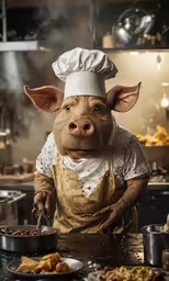 a pig with chefs hat and apron preparing food