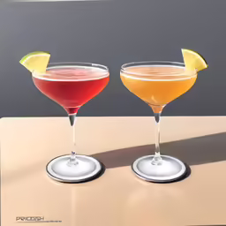 three glasses of different drinks, with lime and gin, sitting on a table