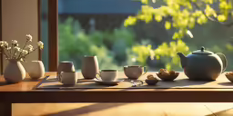 a table with cups and saucers filled with food