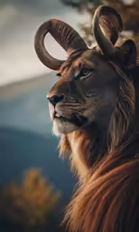 the furry, big lion with large horns stands against a mountain range