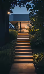 light shines down a path with stairs leading up into a house