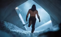 the man is walking in a tunnel with no shirt on