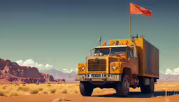 a large yellow truck driving down a dirt road,the yellow truck is driving down the desert