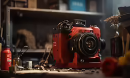 a camera sitting on top of a wooden table