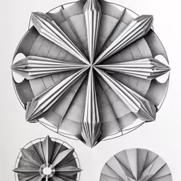 three circular pieces of art that include paper and two large fancifuls