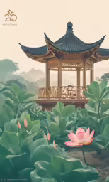 a chinese pagoda on a hill surrounded by lots of plants