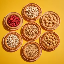 five pies of different sizes sit on a yellow background