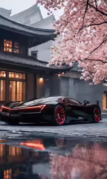 a close - up shot of a sleek sports car, a pink tree is in the background