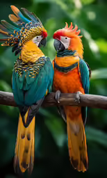 two colorful birds are sitting on a branch