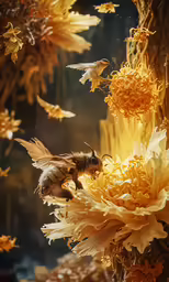 two bees hovering over some yellow flowers