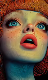 the face of a red headed woman with a red wig