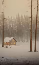 a cabin surrounded by tall trees in the winter