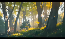 a man riding on the back of a horse next to trees