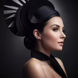 a woman in a black dress wearing a large black hat