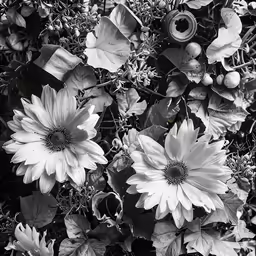 black and white photograph of flowers in a vase