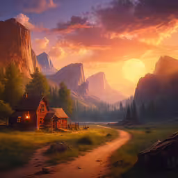 an animated scenery shows a small cabin near a big mountain,a small cabin that is sitting in the grass