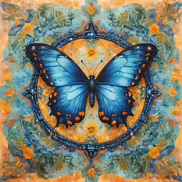 blue butterfly on yellow background in an artistic way