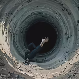 a man laying on the ground in a black and white pipe