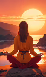 the woman is doing yoga in front of the sun,a woman sitting in a yoga position on the ground while the sun sets