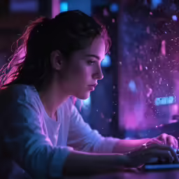 a young woman is typing on her laptop in the dark