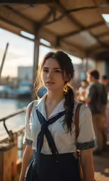 a pretty young woman in a black and white shirt