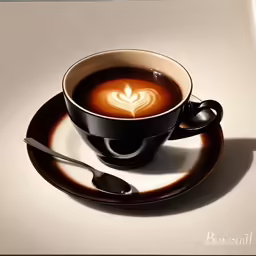 coffee with heart shape on saucer next to spoon