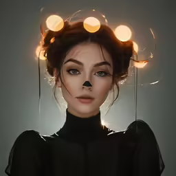 an asian woman in black is shown with a light around her head